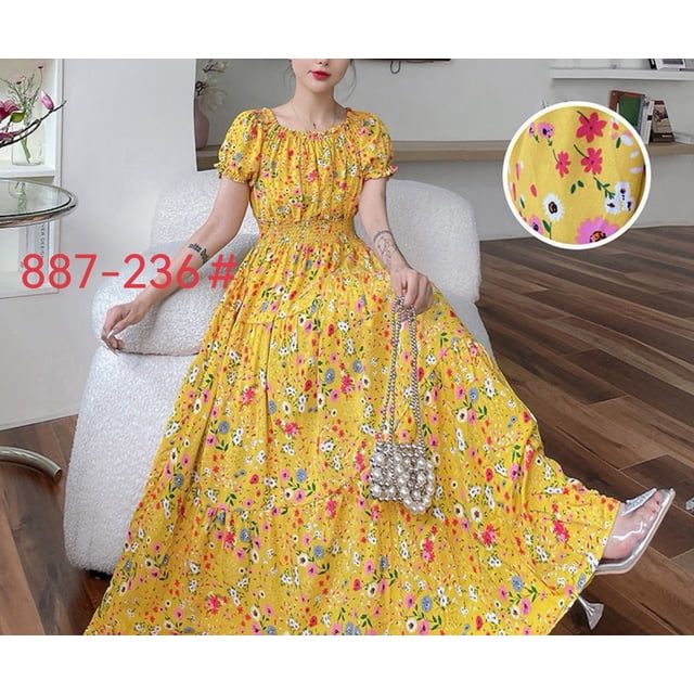 JUNWELL Robe Vestidos Maxi Longue Robe Femmes Été Vêtements Indiens Bohème Coton Lin Floral Manches Courtes Style Coréen Décontracté
