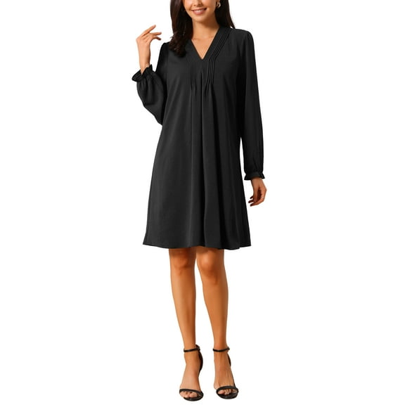 INSPIRE CHIC Women's Casual Knee Length Dress Long Sleeve V Neck Pleated Flowy Loose Shirt Dress S Black