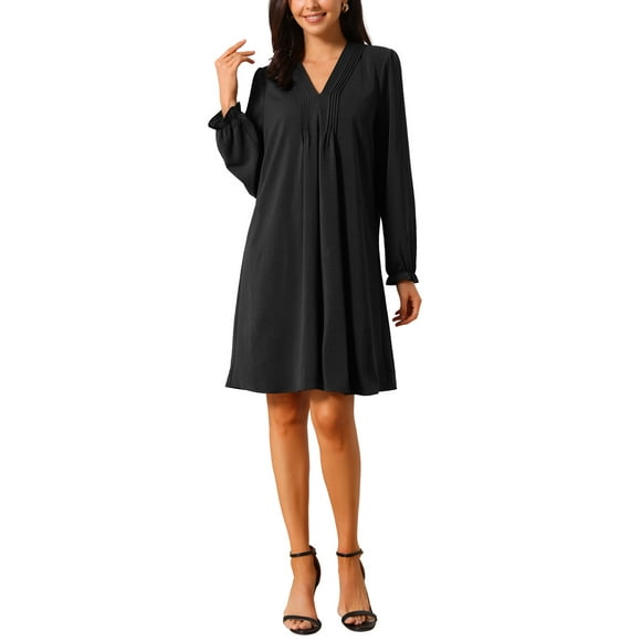 INSPIRE CHIC Women's Casual Knee Length Dress Long Sleeve V Neck Pleated Flowy Loose Shirt Dress M Black