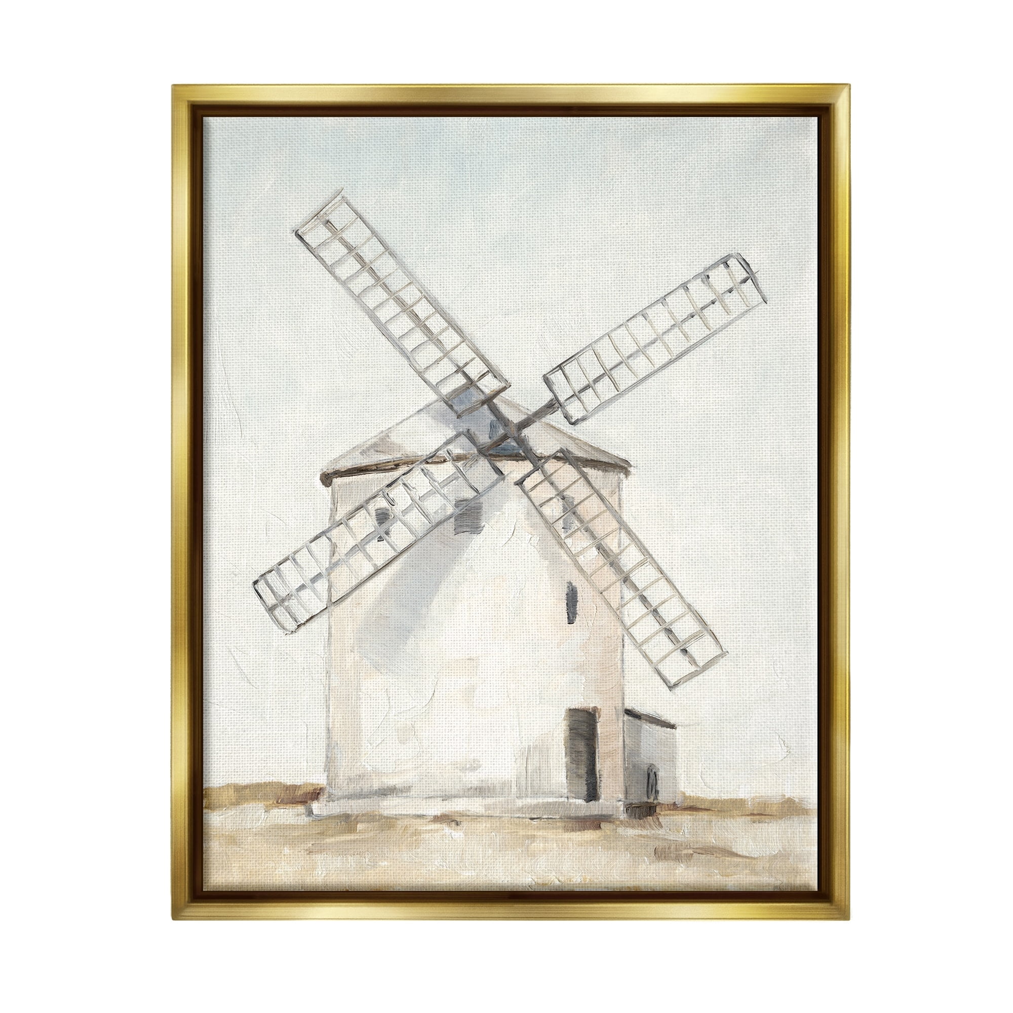 Stupell Industries Windmill Farm Landscape Neutral Blue Brown Painting Metallic Gold Framed Floating Canvas Wall Art, 16x20, by Ethan Harper