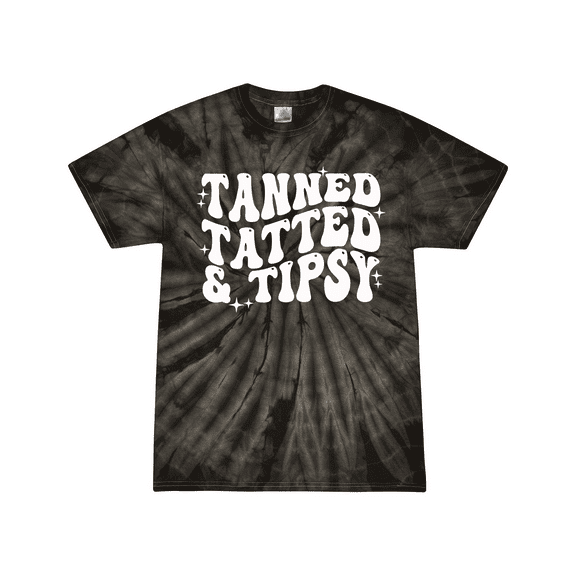 Womens Funny Cute Groovy Tanned Tatted & Tipsy Design Tie-Dye Ladies Short Sleeve T-Shirt-Black Tie-Dye-Large