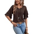 thumbnail image 1 of Camiseta Tops Sialois con cuello en V y volantes para mujer, manga 3/4, color café, 1 of 7