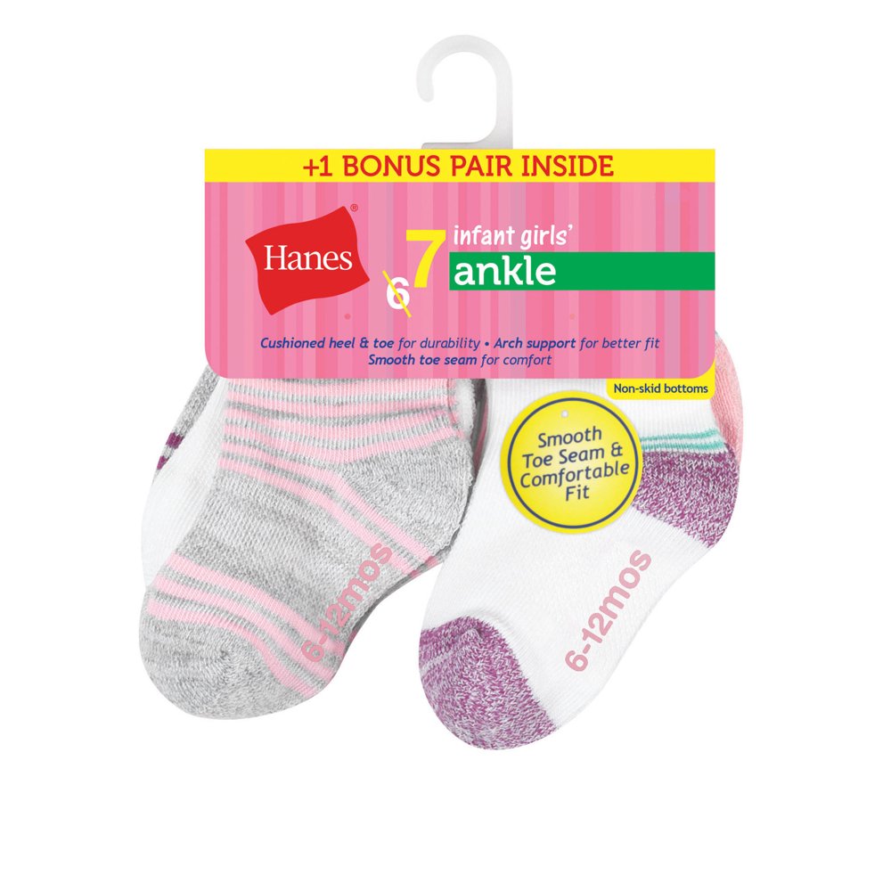Hanes Ankle Socks, 6 + 1 Bonus Pack (Toddler Girls)