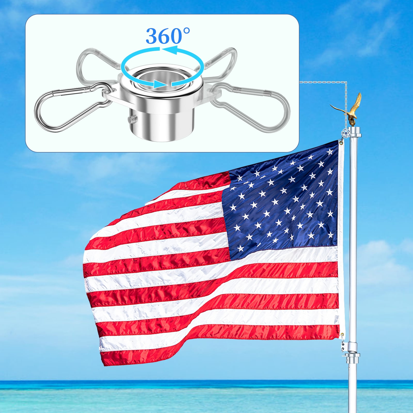 FIASON 2 Pack Flag Pole Rings,Silver Aluminum Alloy Flagpole Rings 360° Rotating Anti Wrap Mounting Ring with Colored Metal Clips for 0.75-1.00 Inch Diameter Flagpole