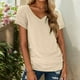 thumbnail image 2 of Nueva camiseta de manga corta con cuello en V para mujer: prenda informal de primavera/verano, poliéster/spandex, diseño fruncido en la cintura, 2 of 5