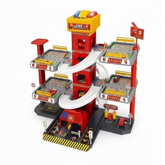 5-Level Parking Garage Playset with Tracks & Elevator – Fire Rescue Toy Set with 12 Alloy Cars & 1 Airplane – Educational STEM Building Toy Gift for Kids Ages 3
