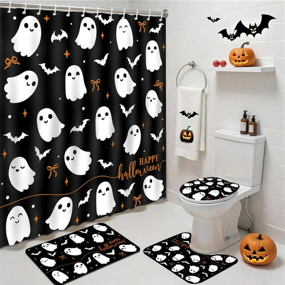 4Pcs Halloween Shower Curtain Set Black Spooky Bow Ghost Shower Curtain Set for Halloween Bathroom Decor with Anti-Slip Waterproof Bathtub Bathroom Rugs Toilet Lid Cover