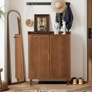 YOCWO Rattan Shoe Storage Cabinet with Doors, Shoe Closet with Iron Rattan Curved Surface, Walnut