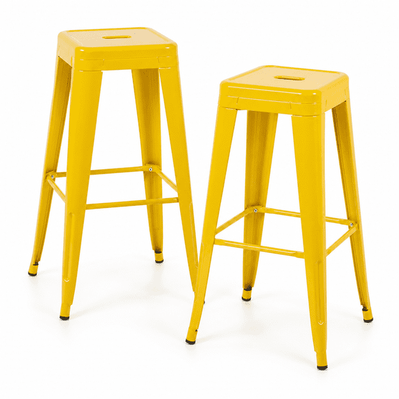 30 Inch Backless Metal Bar Stools, Set of 2, Yellow, Carry Hole and Four-Sided Footrest
