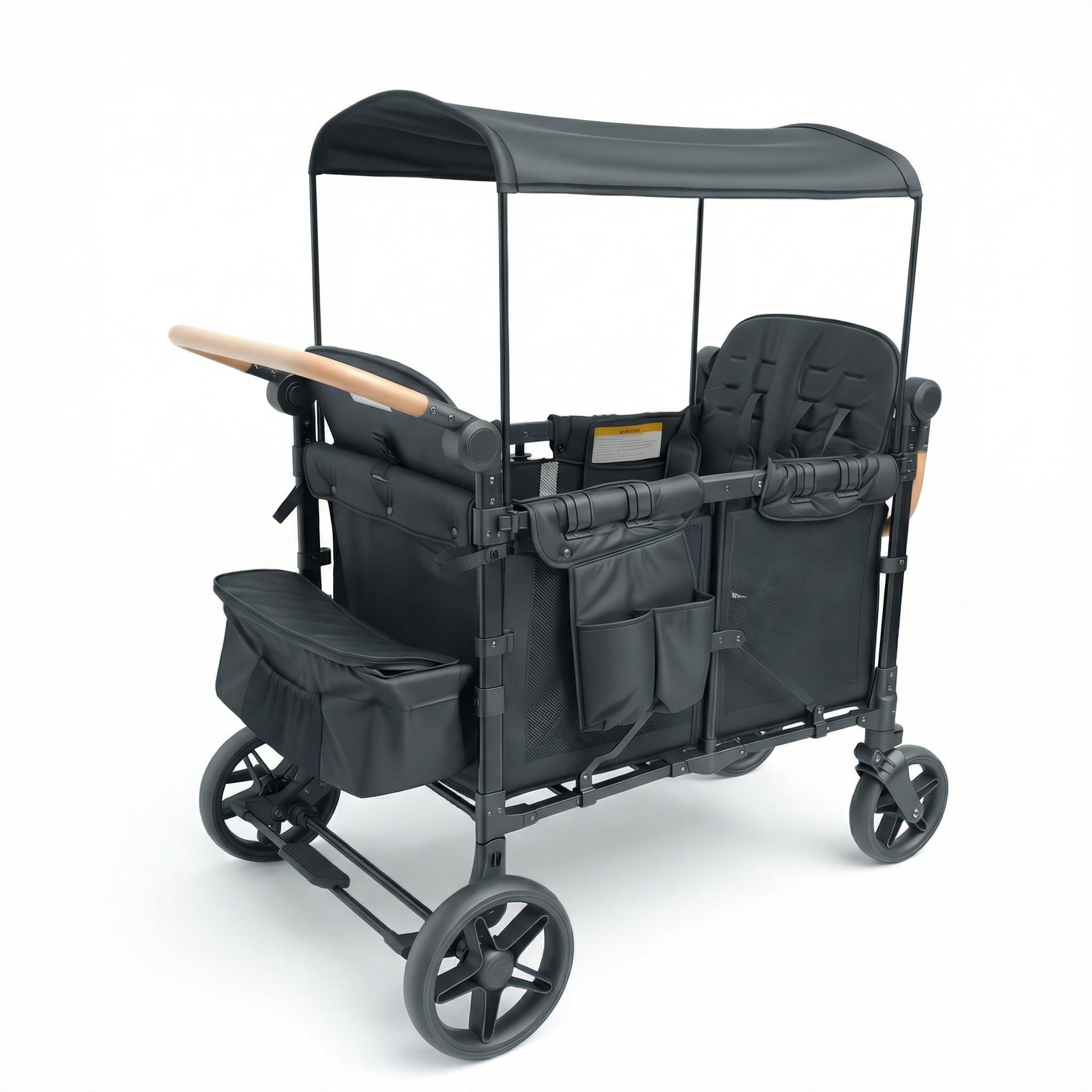 Collapsible Wagon Stroller, Wagon Stroller for 4 Kids with All Wheels Shock-Absorbing,5 Point Harness,Removable Canopy & Storage Bag for Outdoor