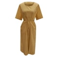 thumbnail image 3 of Women's Plus Size Linen Oversized Solid Color Short Sleeve Drawstring Waist Belted Maxi Dress With Slit Women Fitted Dresses Tummy Hiding Dresses for Women Knee Length Summer Dress Dress for Women, 3 of 5