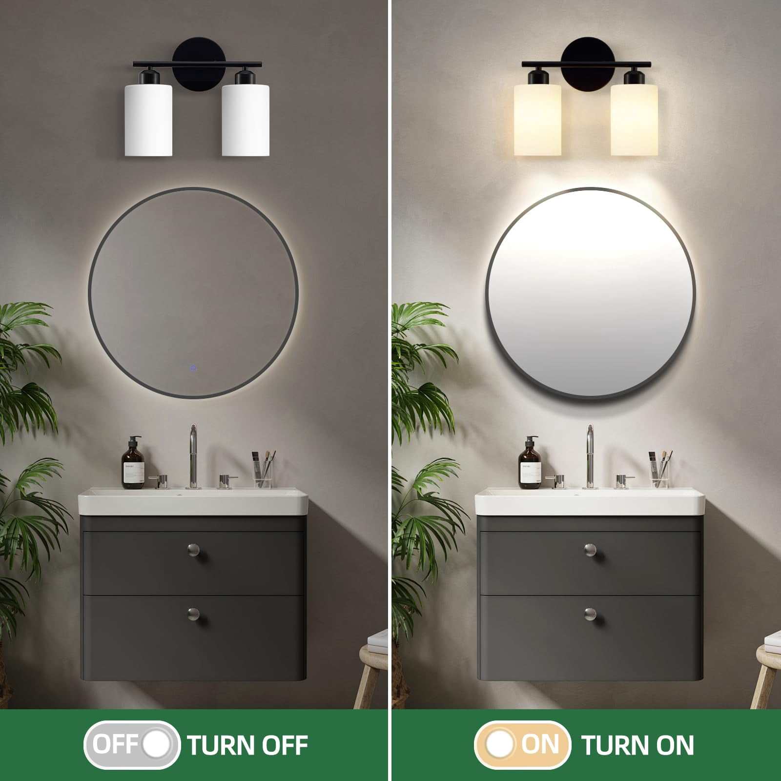 2-light Bathroom Light Fixtures  Black Modern Vanity Lights With Milky White Frosted Glass Shades Wall Sconce For Bedroom Living Room And Hallway 2-pack