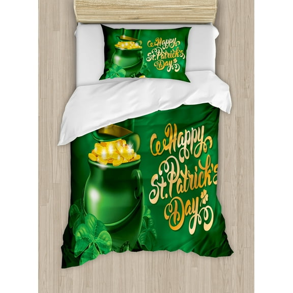 Ambesonne Celebration Duvet Cover Set, Irish Pot of Gold, Twin, Yellow and Emerald