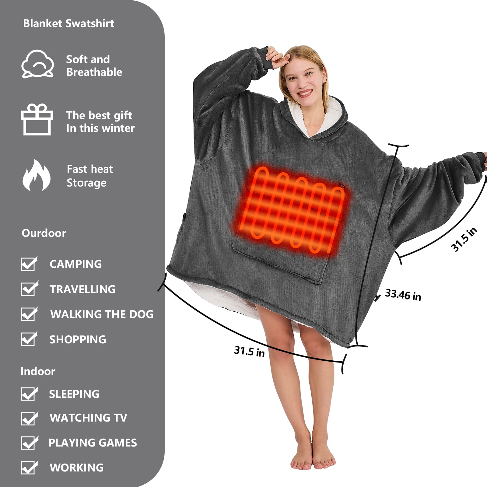 PMONPA Heated Wearable Blanket, Oversized Wearable Heated Blanket for Adult, Sherpa Fleece Blanket Hoodie, One Size, Grey