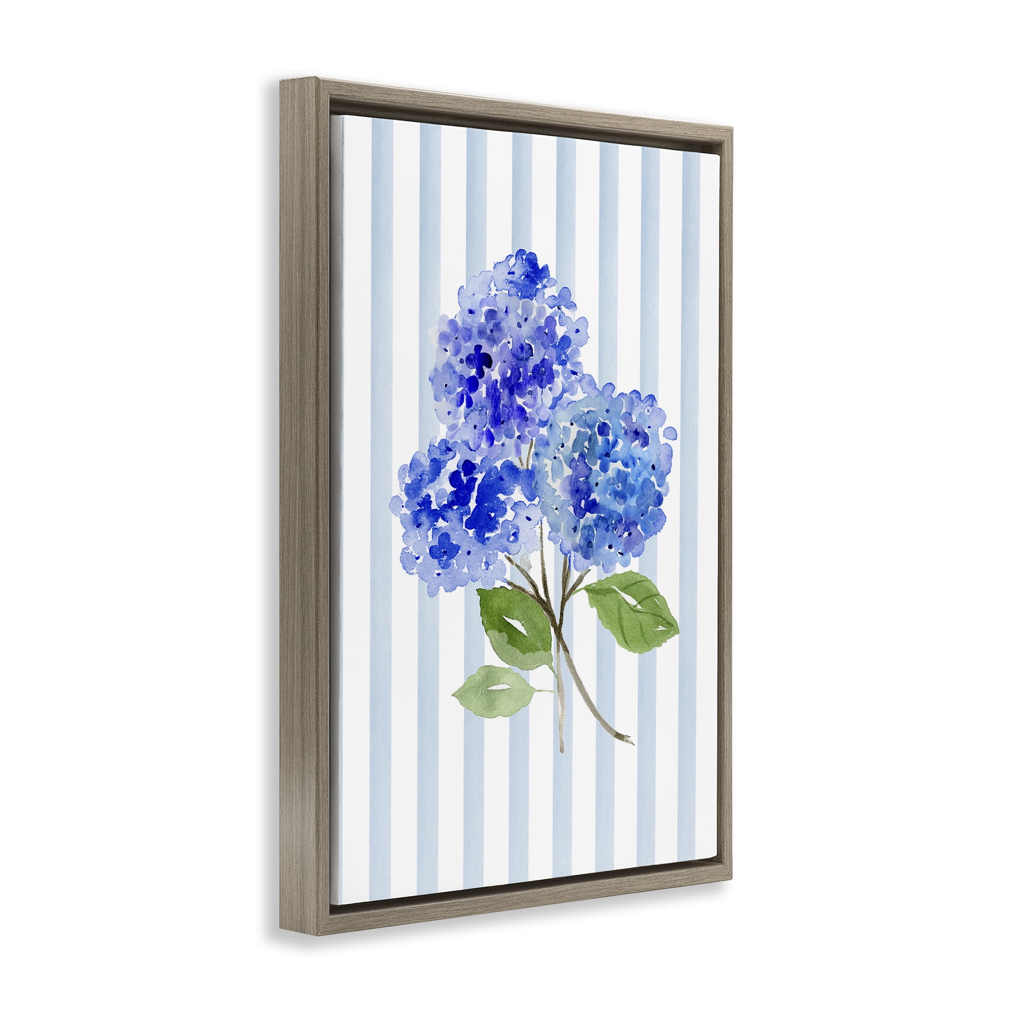 Stupell Industries Blue Hydrangeas over Stripes Brown Framed Floater Canvas Wall Art, design by Corinne Haig