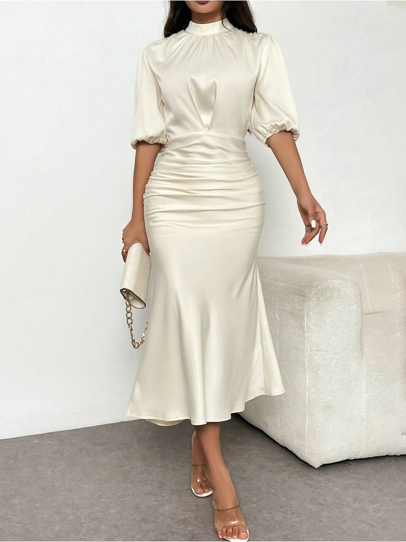 MORTTIC Women's Elegant Ruched Bodycon Midi Dress, Short Sleeve Mock Neck Party Outfit for Club & Evening Events, S - Walmart.com MORTTIC Women's Elegant Ruched Bodycon Midi Dress, Short Sleeve Mock Neck Party Outfit for Club & Evening Events, S - Walmart.com