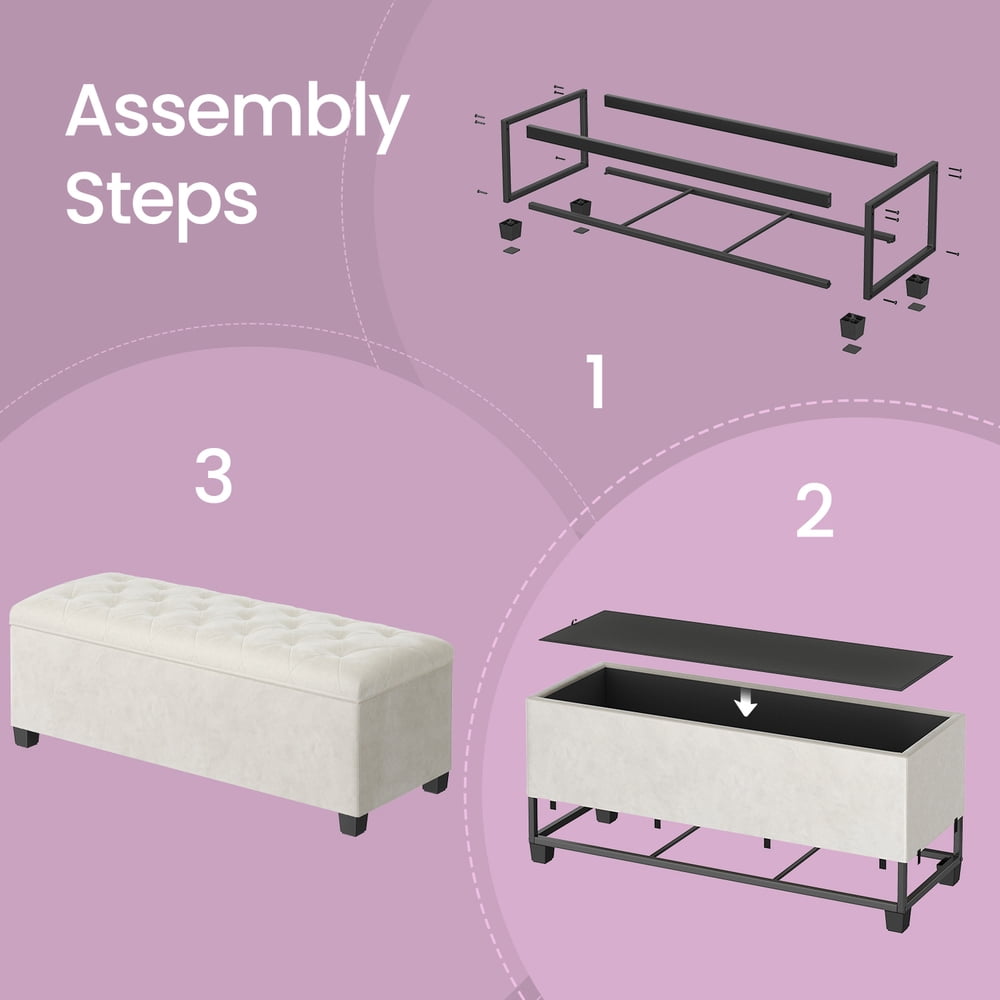 LEDREM 43-Inch Velvet Storage Ottoman Bench with Removable Cover, 660LB Capacity Multi-Functional Footrest for Living Room & Bedroom, Cream White