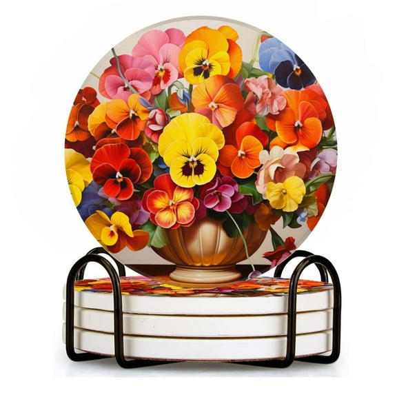 BaHomeck Drink Coasters Set of 4 with Holder large arrangement of vibrant pansies in elegant vase Water Absorbent Ceramic Coasters Tabletop Protection,Suitable for Various Cup ,Home Decor