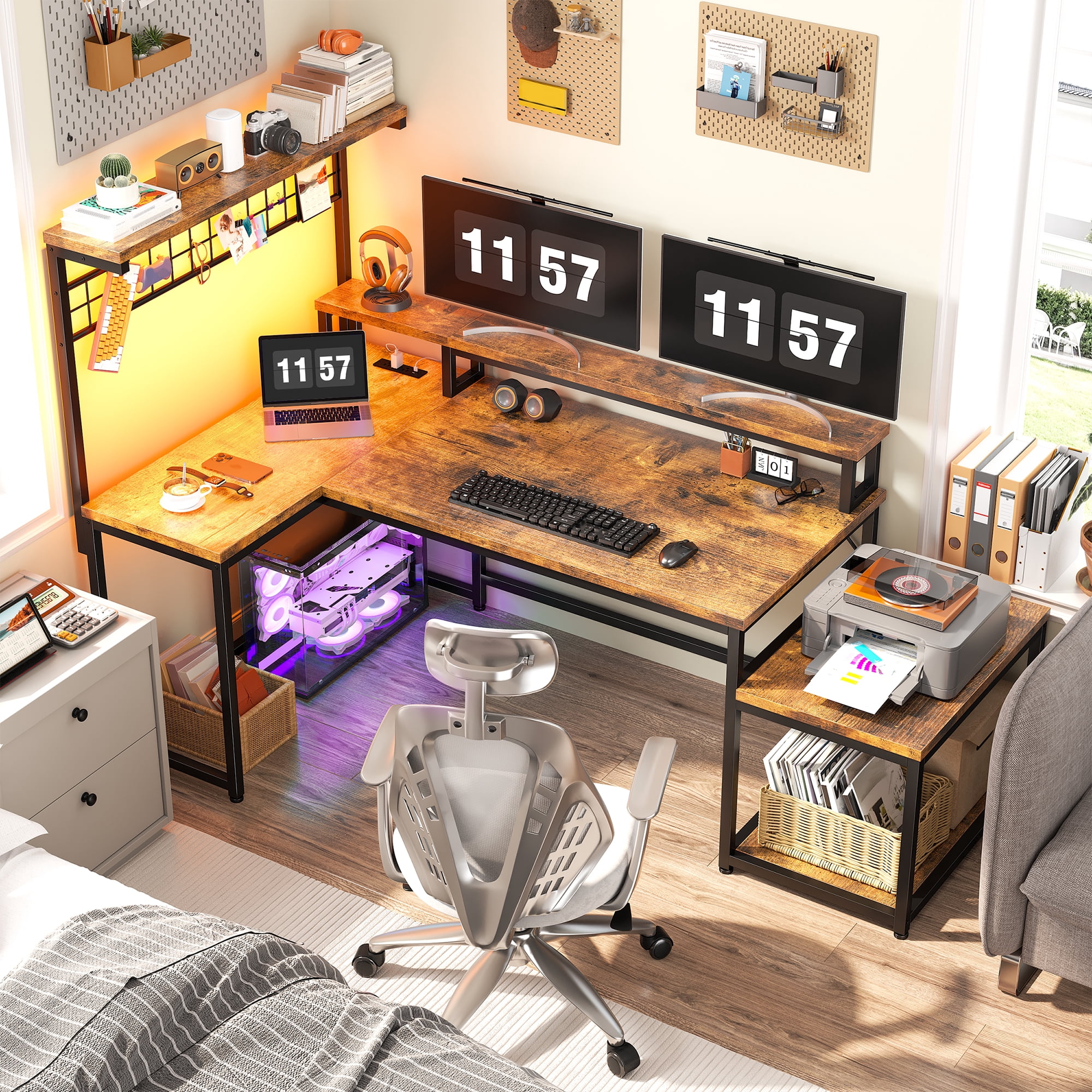 EnHomee L Shaped Computer Desk Reversible Corner Desk with Power Outlet Computer Desk with Led Lights and Storage Shelves, Rustic Brown