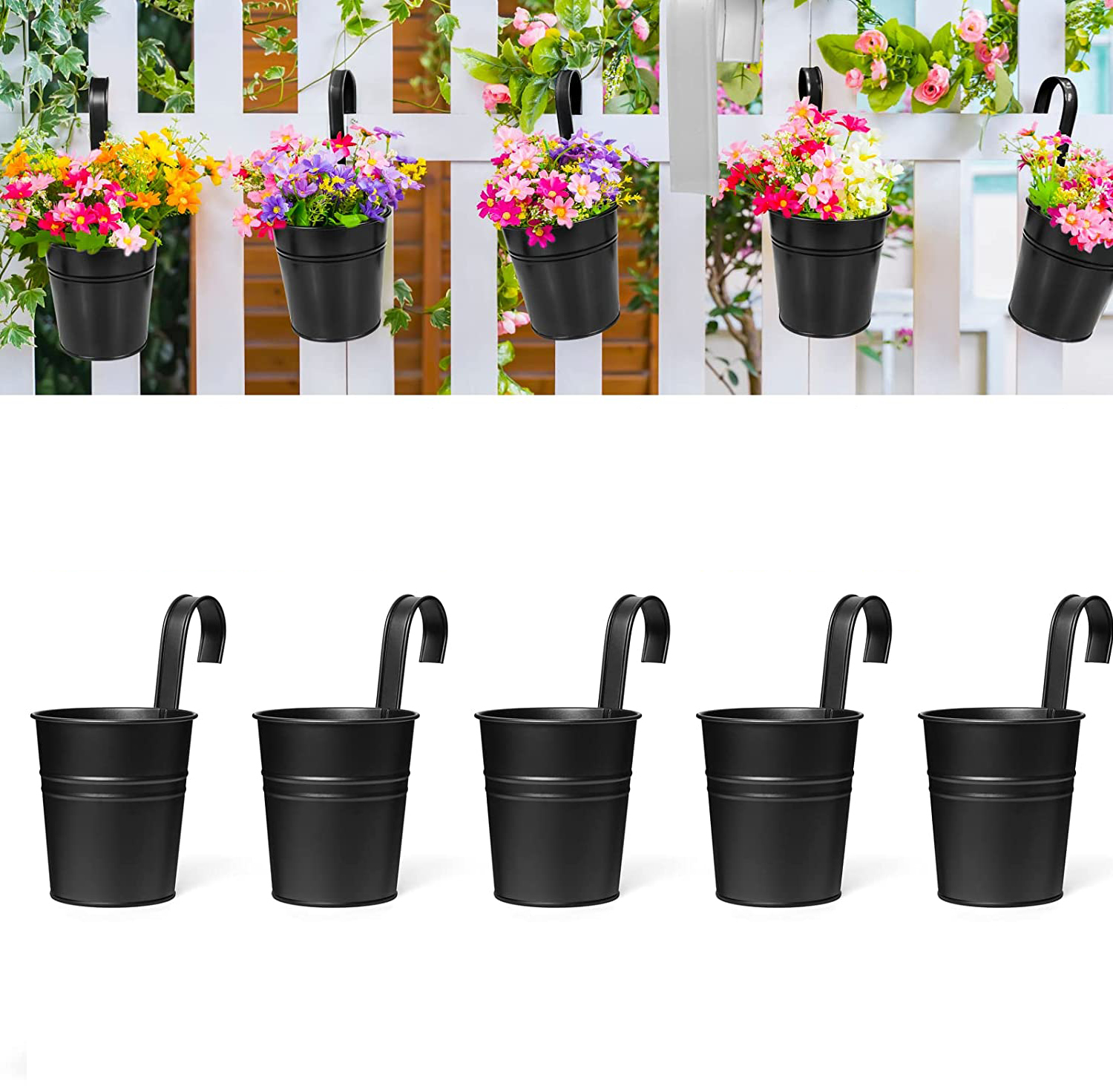 5 PCS Hanging Indoor Outdoor Flower Pots Planters, Metal Wall Plant Pots Planter Pots with Detachable Hooks & Drainage Holes, Garden Fence Balcony Window Home Decor, Storage Bucket Barrel - image 1 of 6
