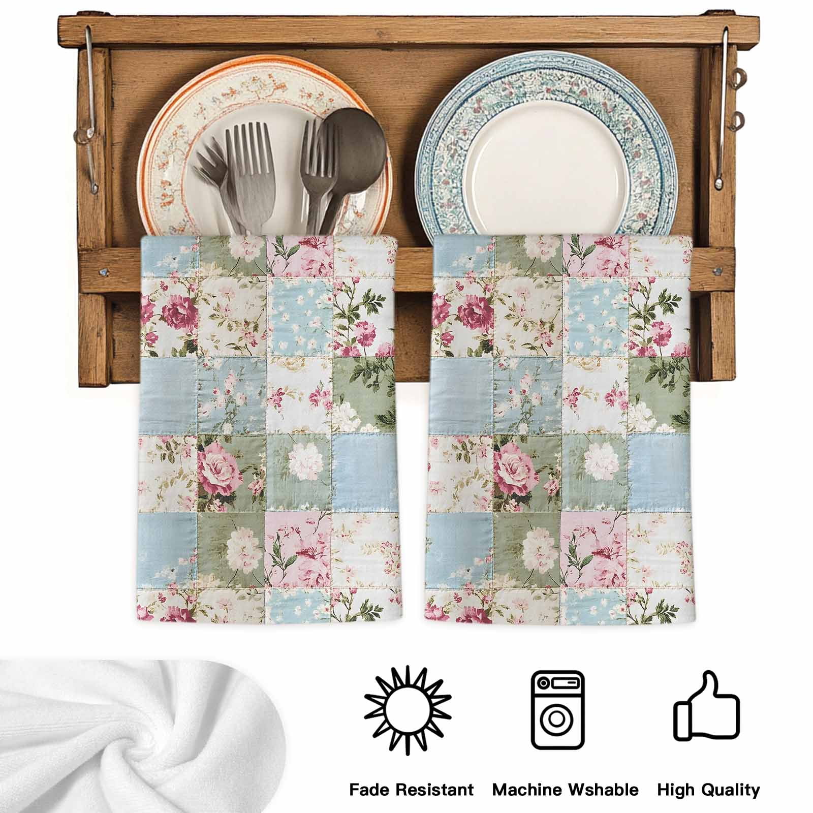 Green Blue Pink Botanical Kitchen Towels Set of 4, Spring Floral Vintage Soft Microfiber Dish Towels, Absorbent Quick-Dry Washable Dishcloths for Kitchen Cleaning, Drying Dishes, 18x28 Inches