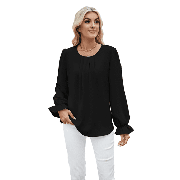 Blusa de Larga Abullonada para Mujer, Elegante, Informal, de con Cuello Redondo, Holgada, Plisada, para Trabajo y Oficina. Negro M