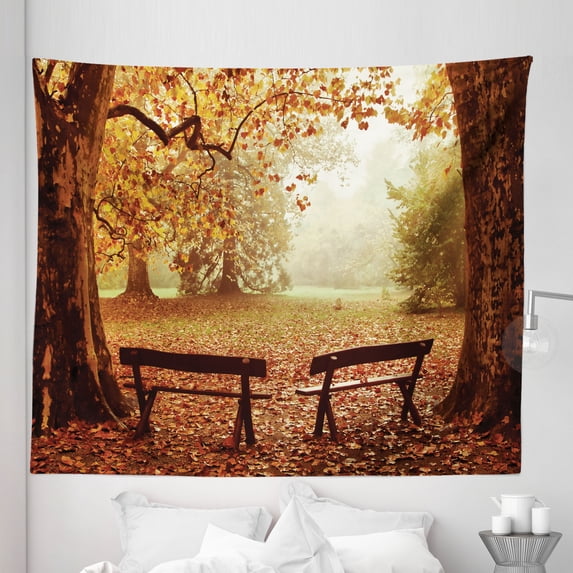 Autumn Tapestry, Dramatic Scene with Fall Season Woodland and Wooden Old Benches Photo, Fabric Wall Hanging Decor for Bedroom Living Room Dorm, 5 Sizes, Multicolor, by Ambesonne
