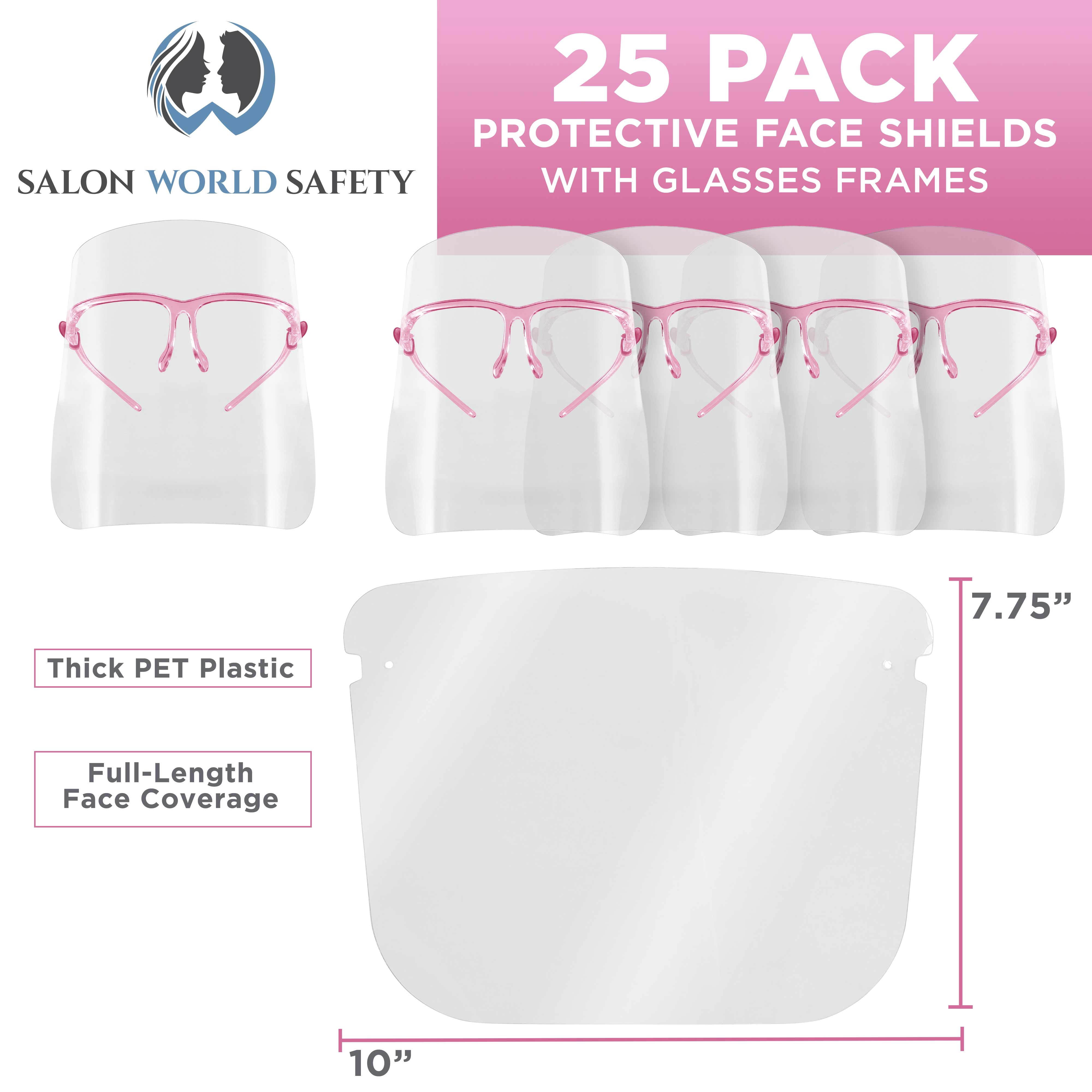 TCP Global Salon World Safety Face Shields with Pink Glasses Frames (Pack of 25) - Ultra Clear Protective Full Face Shields to Protect Eyes, Nose, Mouth - Anti-Fog PET Plastic, Goggles