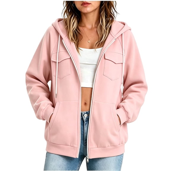 Oksale Zipper Hoodies for Women with Pockets Casual Drawstring Fall Zip Up Hoodie Loose Long Sleeve Sweatshirt with Hood Y2K Tops 2026 Pink M