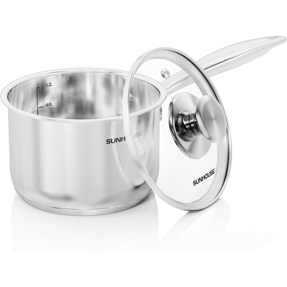 Sunhouse Stainless Steel Sauce Pan with Lid 1.5 Quart, Induction, Oven Broiler Safe 600F, Multipurpose, Compatible w/ All Cooktops