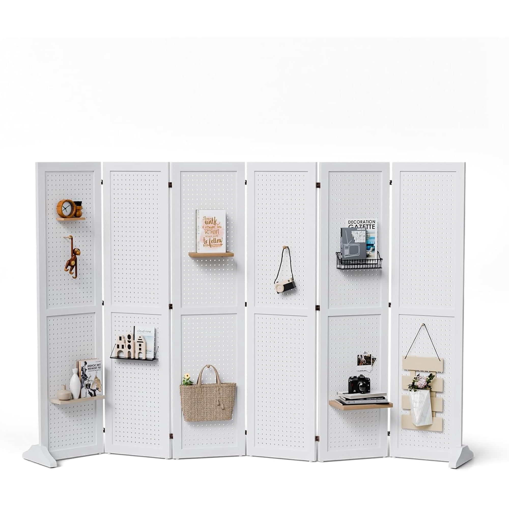 QHTER4/6 Panel Pegboard Freestanding, 5 FT Portable Display Board Organizer for Craft Show Jewelry, Wooden Folding Privacy Screen Room Divider (White, 6 Panel with Base)