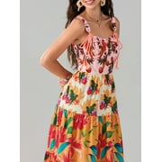 Mevireiy Women Y2K Flowy Smocked Maxi Dress Sleeveless Tie Shoulder Boho Floral Beach Sundresses