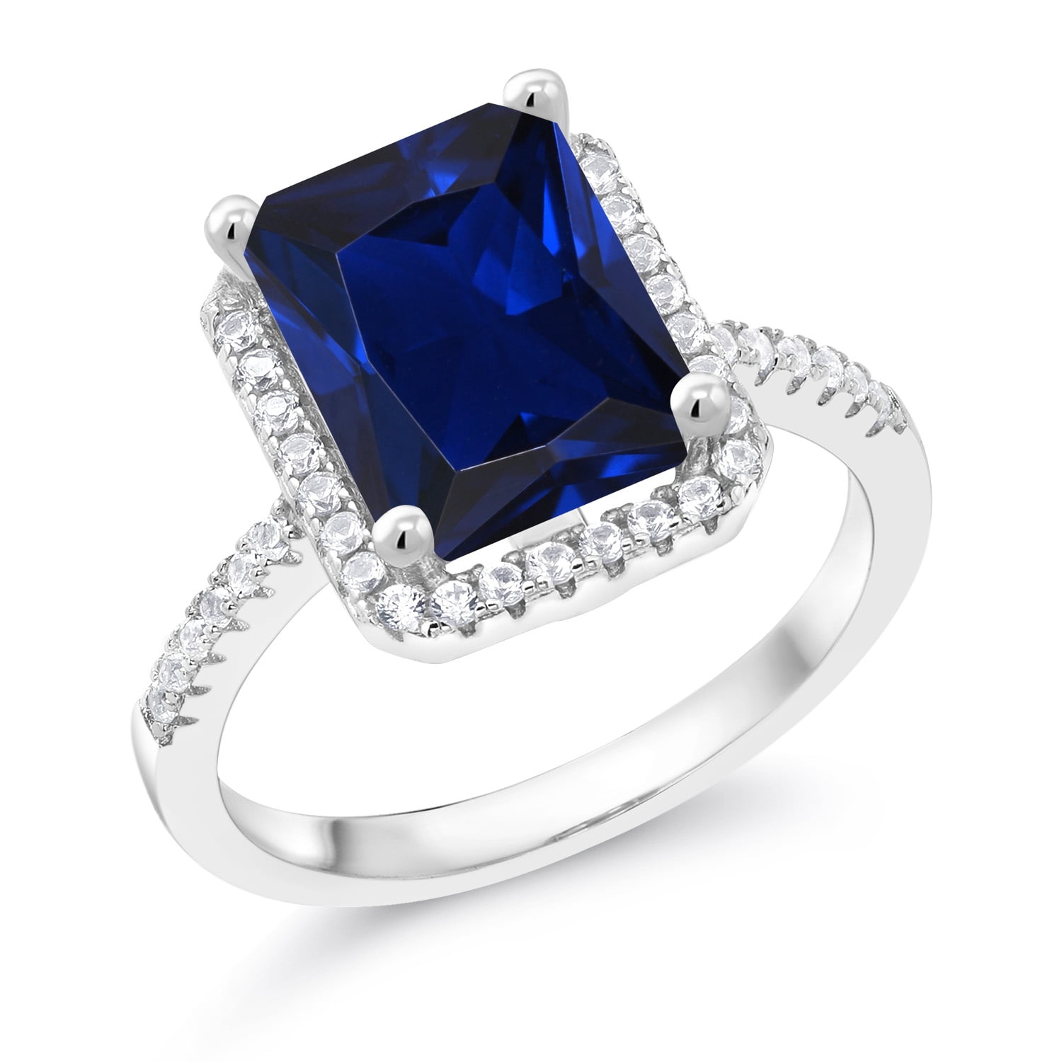 Gem Stone King 925 Sterling Silver Blue Created Sapphire Engagement Ring for Women (4.36 Cttw, Emerald Cut 10X8MM, Gemstone September Birthstone, Size 8)