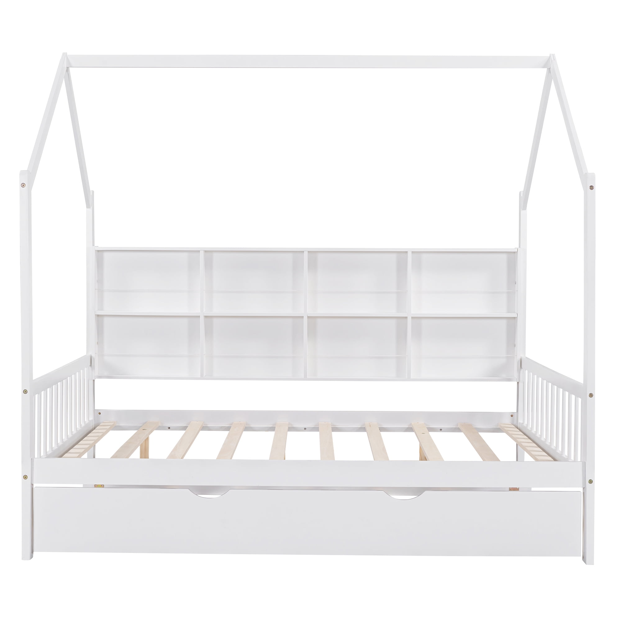 Gewnee Full House Bed with Trundle and Storage Shelves, Wood Playhouse Bed with Roof for Kids,White