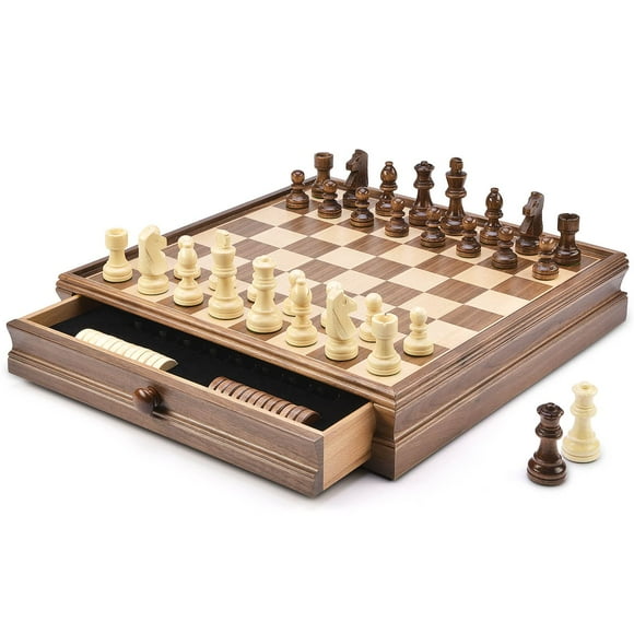 AMEROUS Ensemble d'Échecs et de Dames en Bois 15 Pouces x 15 Pouces avec Tiroirs de Rangement Intégrés/pièces d'Échecs Pondérées / 2 Reines Supplémentaires Bonus / 24 Pcs Cherkers/classique