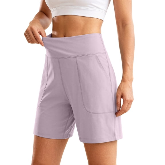 IWRICH Women's Athletic Long Shorts with Pockets High Waisted Bermuda Shorts Walking Running Casual Bottoms Pink XL