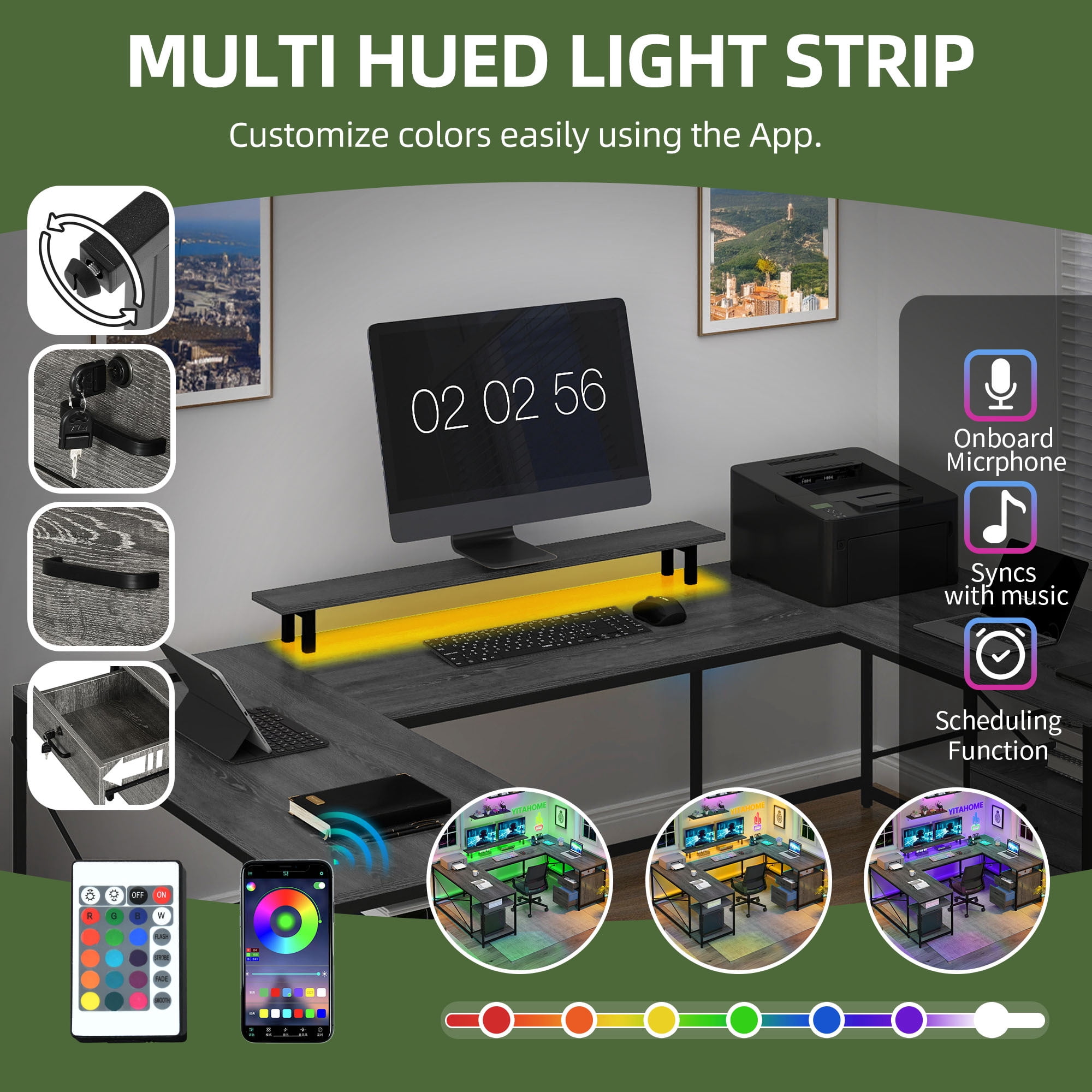 Uforic U Shaped Computer Desk with Power Outlets and LED Lights, Reversible L Shape Desk for Home Office, Gray