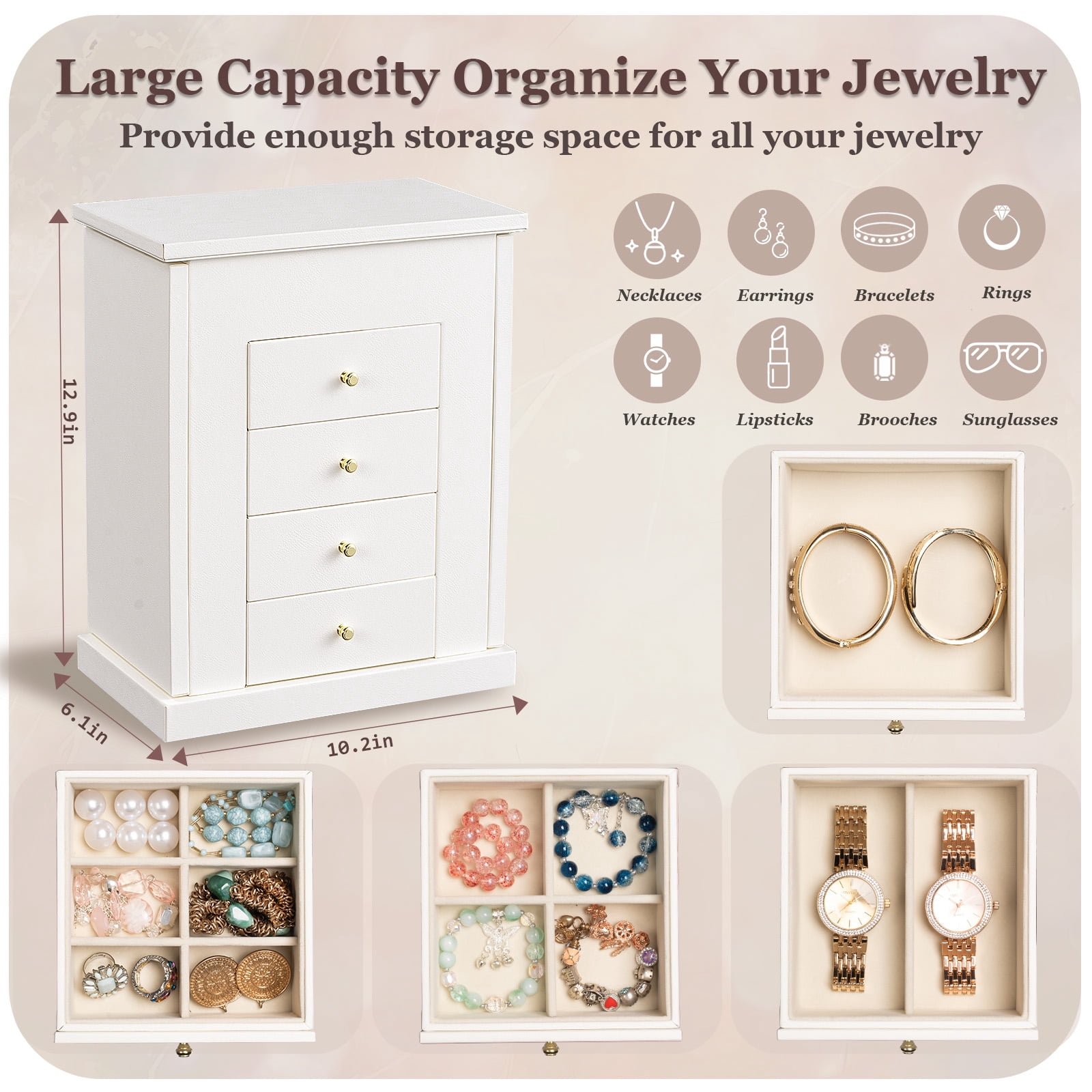 Jewelry Box for Women, 5 Layer Large Leather Boxes & Organizers for Necklaces Earrings Rings Bracelets, Organizer with Drawers and Mirror, White