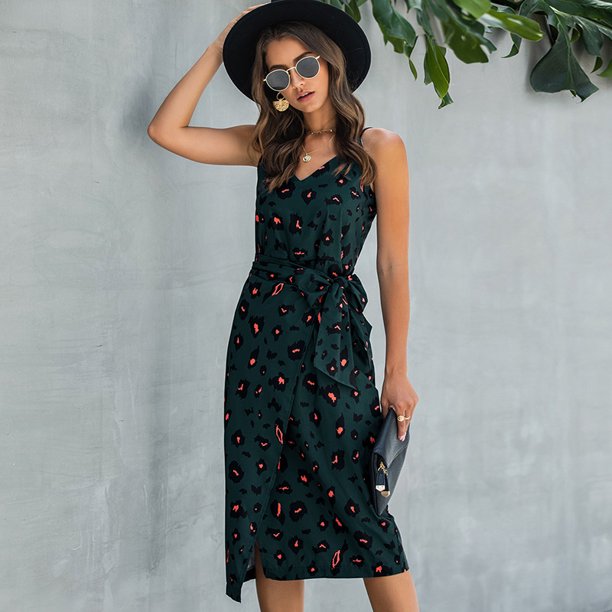 Vestido de mujer estampado geométrico con cuello en V correa de espagueti Carevas Vestido de mujer