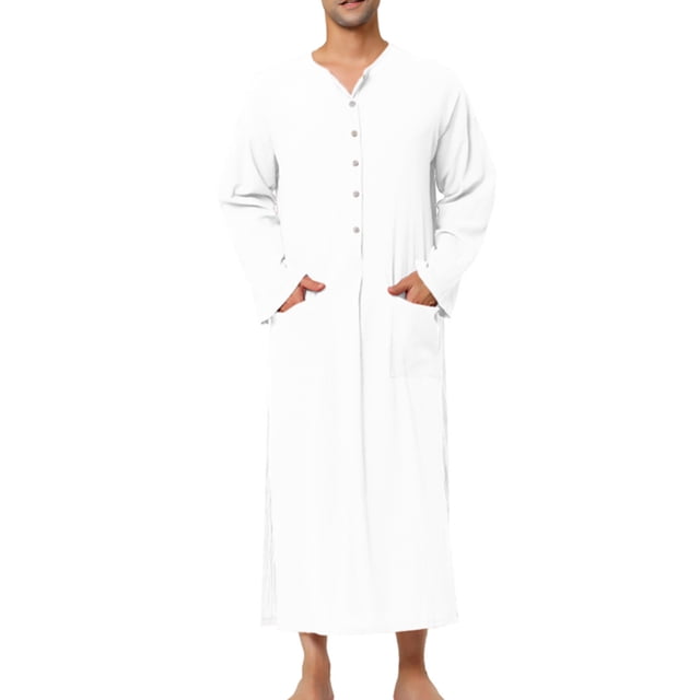 xiaxaixu Men Robe, Long Sleeve Kaftan Button Closure Solid Color Slit Lightweight Thobe Arabic Clothes