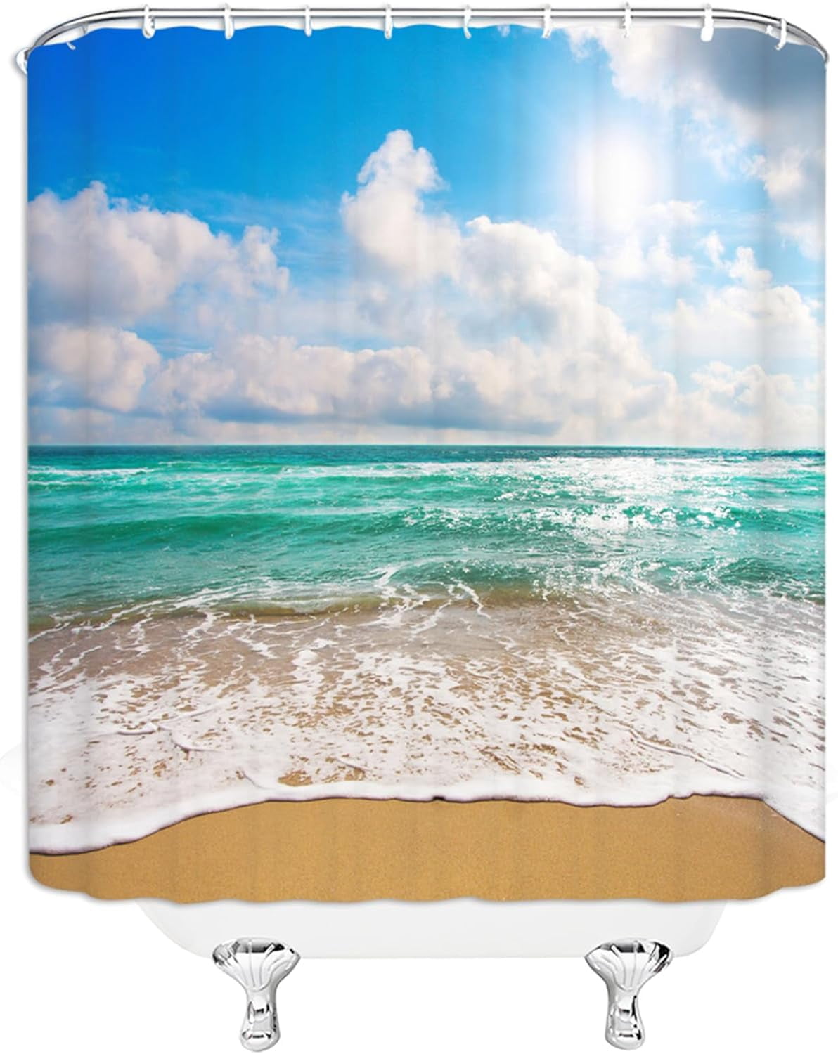 Ocean Beach Shower Curtain Blue Sky Tropical Sea Waves White Cloud Seaside Landscape Hawaii Summer Nature Scenery Bath Curtain with Plastic hooks