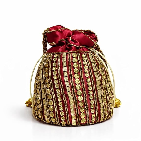 Traditional Embroidered Potli Bag for Women with Drawstring Closure, Ethnic Handcrafted Pouch for Wedding, Festive, Party and Gift Use, Designer Beaded Hand Bag for Carrying Essentials-Maroon