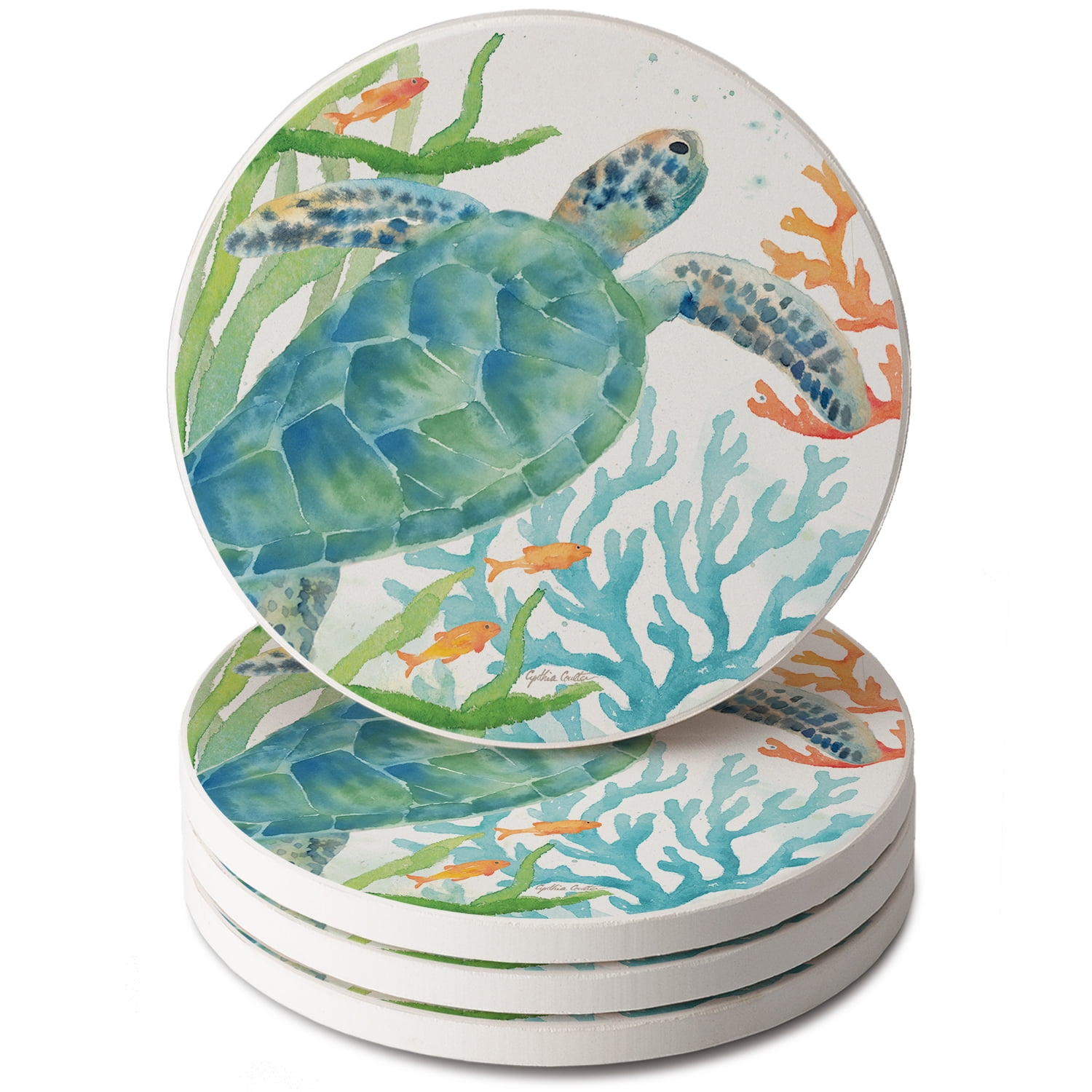 Set of 4 CounterArt Sea Turtle Design Absorbent Coasters in Wooden Holder 