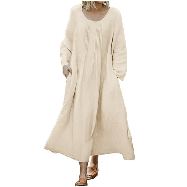 yoeyez Robes d'Été en Lin pour Femmes, Robe Unie à Col Rond avec Poches, Manches Longues, Décontractée, Grande Taille, Beige, P