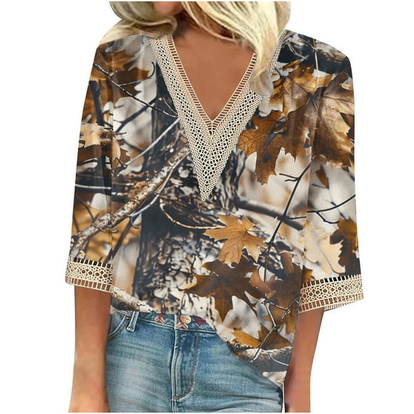 Womens Tops Summer,Womens Printed Pullover V-Neck Lace T-Shirt with 4/3 Sleeves and 3/4 Sleeves Top,Tops for Women,Lace Tops for Women,T-Shirts for Women