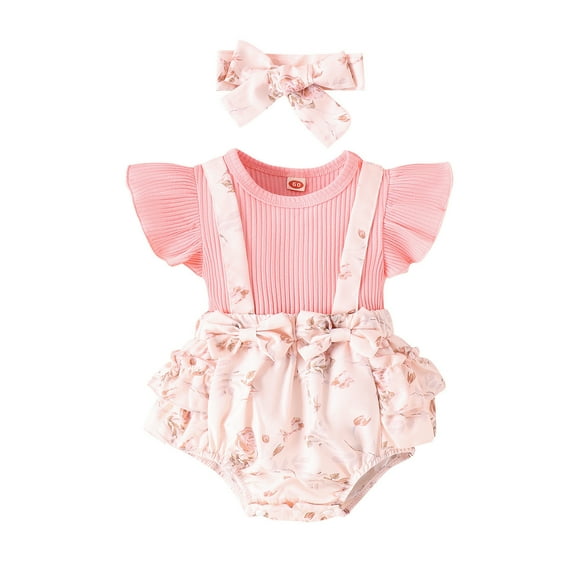 Zwiiyzr 0-18 Months Baby Girl Clothes Newborn Infant Romper with Headband Cute Floral Dress Ruffle Sleeve Clothing One-Piece Jumpsuit Summer Clothes Pink