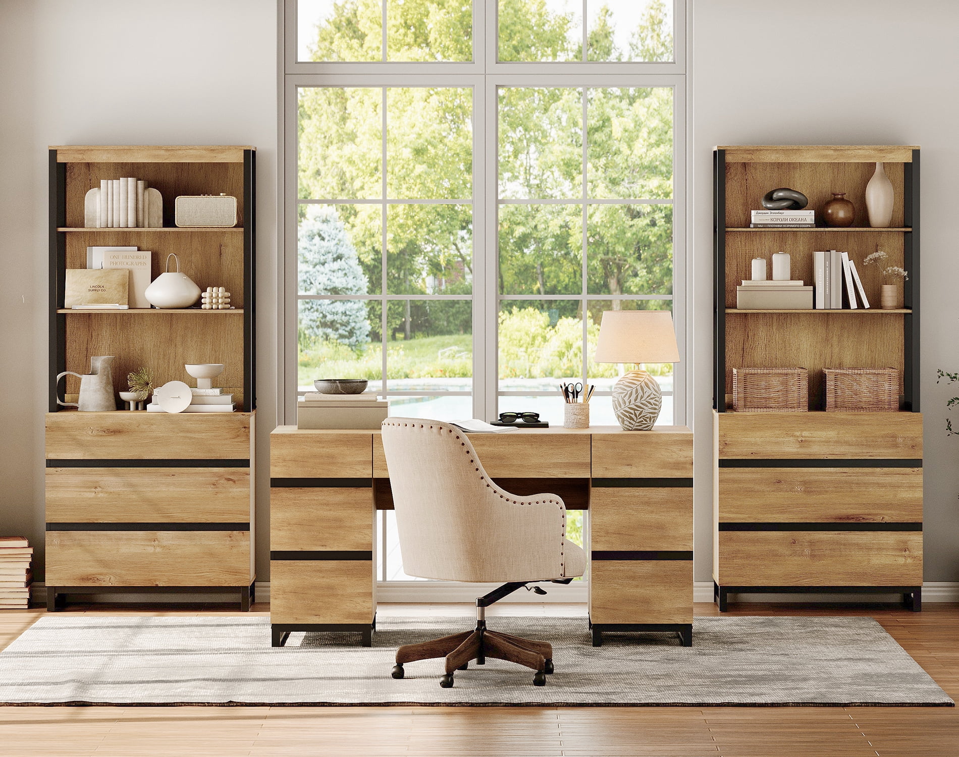 WAMPAT Home Office Furniture Set: 59in Modern Executive Desk with Charging Station and Drawers and 2 PCS 72in Tall Bookcases with 6 Drawers, Home Office Furniture for Living Room, Bedroom, Oak