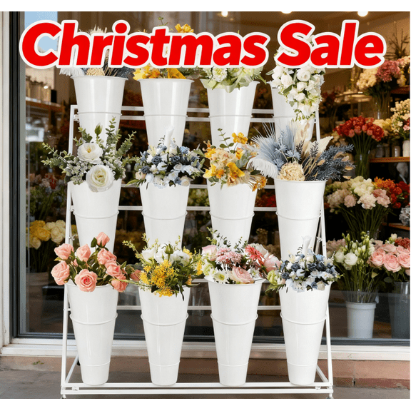 Flower Display Stands with Buckets, 3-Tier Rolling Plant Stand with Locking Wheels , Heavy Duty Metal Flower Cart for Indoor/Outdoor Use, Wedding Decor & Florist Displays