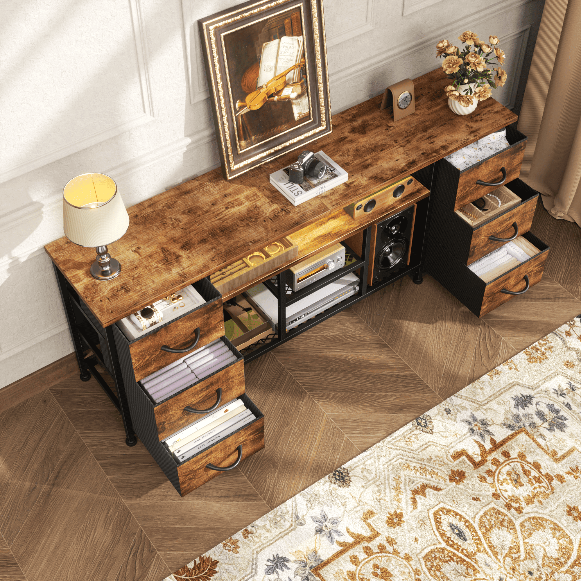 Tydimor Modern TV Stand for TVs up to 60", LED Entertainment Center with Power Outlets and 6 Drawers, Media Console with Storage for Living Room, Rustic Brown