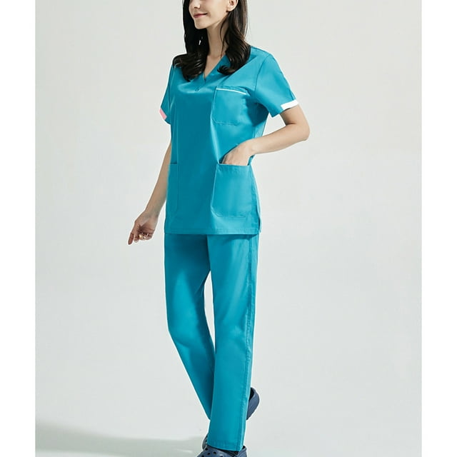 LSLJS Women's Short Sleeved Solid Color Pocket Protective Suit Set, Womens Plus Scrubs